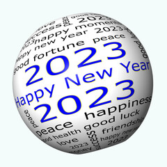 Happy New Year 2023 wordcloud - 3D illustration