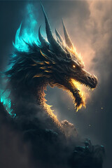 Illustration of dragon in the colourful glow, mist and fire. AiI generated content