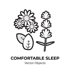Essential oil extract bottle vector isolated. Lavender, chamomile, peppermint for comfortable sleep illustration. Cartoon black white concept against sleep disorder insomnia depression. Self helping