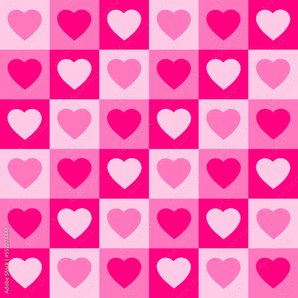 Poster monochrome seamless pattern with hearts on a checkered background. modern retro illustration for dec