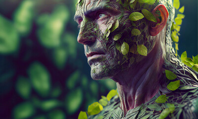 Man living in perfect symbiosis with nature. Postproducted generative AI 3d illustration of non existing person. - obrazy, fototapety, plakaty