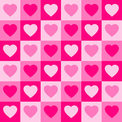 Monochrome seamless pattern with hearts on a checkered background. Modern retro illustration for decoration. Aesthetic vector print in style 60s, 70s. Pink colors