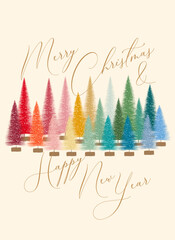 Christmas and new year greeting. Card, poster or banner illustrated with colorful pine fir lush tree. Hand drawn decorative Christmas tree vector illustration.