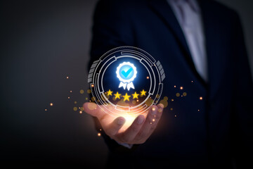 Quality Assurance Concept. Business people show high quality assurance mark, good service, premium,...