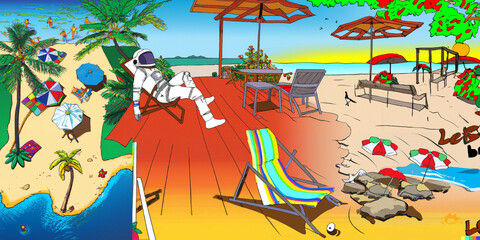 Astronaut vacationing on tropical island Made by Generative AI, Extended