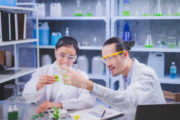 Two scientists's hand is holding and comparing Beaker with green substance. Concept of...