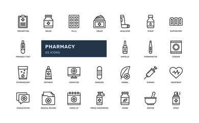 pharmacy healthcare hospital clinic cure medicine medication detailed thin line outline icon set. simple vector illustration