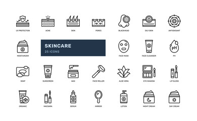 skincare beauty woman cosmetic dermatology detailed thin line outline icon set. simple vector illustration