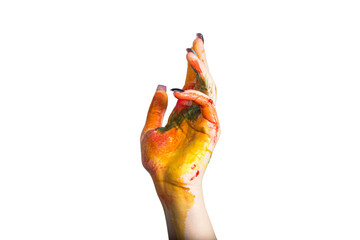 Female hand in multi-colored paints on a white background. painted hand