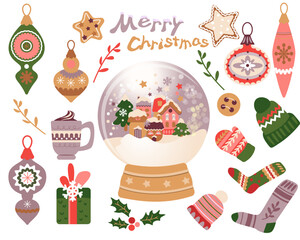 Festive Christmas icon set / glass ball with houses and falling snow, Christmas decorations, winter clothes, inscription.Vector cute cartoon illustration