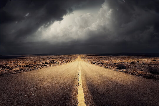 A barren landscape with an old dry and cracked road. Post apocalyptic highway in the middle of a deserted region.