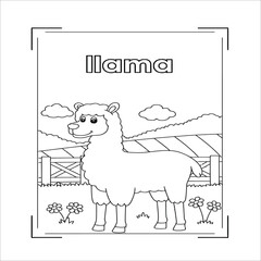 Cute outline doodle jumping lama with hand drawn elements. Vector illustration.Coloring pages