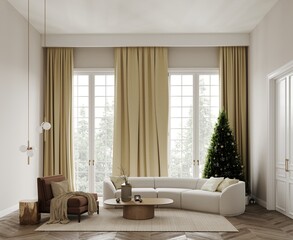 Classic minimalist living room with a white sofa, a large сhristmas tree near the window, brown armchair and forest view from the panoramic windows. Braided carpet on parguet, wooden coffee table