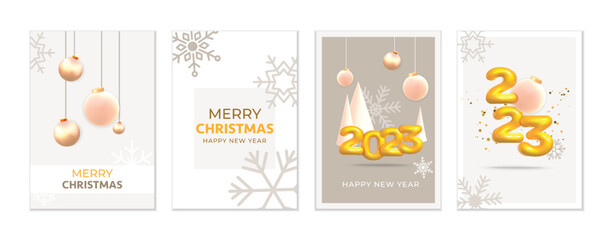 Fototapeta premium Set of gift greeting cards in 3d vector realistic render luxury modern minimal Merry Christmas 2023 with pine conus tree, bauble, gift boxes design