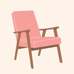 Pink chair on wooden legs in bright flat style. Cartoon vector illustration furniture, trendy interior decor, living room, comfortable home, sticker, icon, isolated on white background