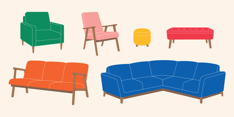 Set of colorful furniture in trendy flat style.  Vector illustrations sofa, armchair, pouf, bench, chair, sectional sofa, trendy interior decor living room, classic vintage bright stylish comfort home