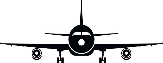 Black airplane silhouette front view. Plane symbol