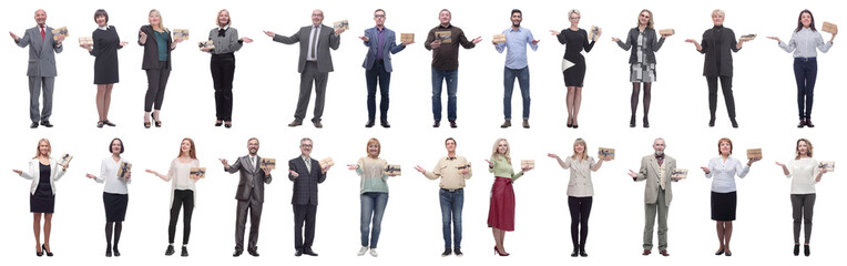 Obraz premium group of happy people with gifts in their hands isolated
