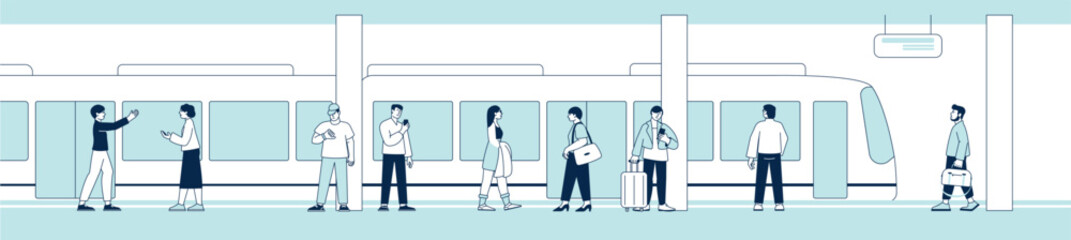 Underground station with people walking and waiting for train