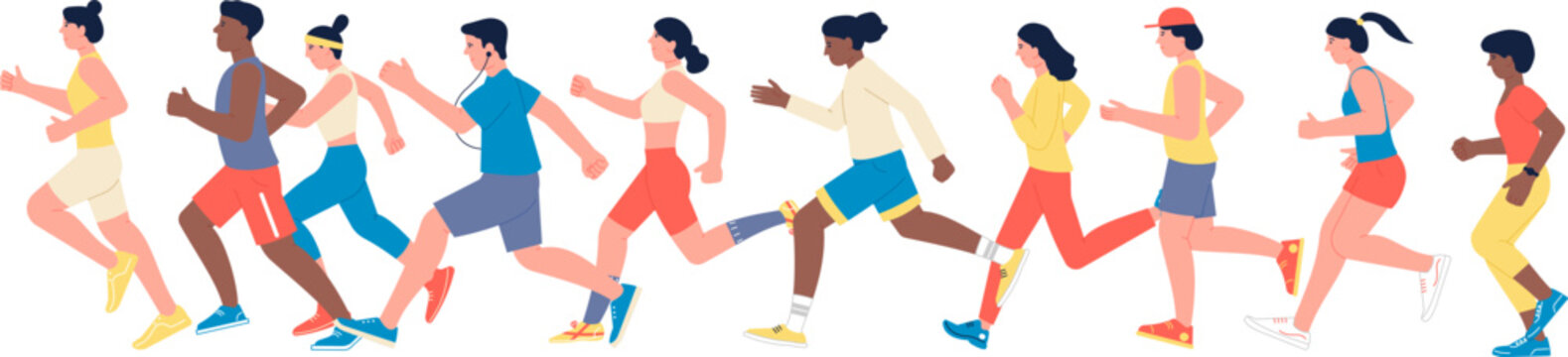 Running people. Marathon athletes. Men and women jogging