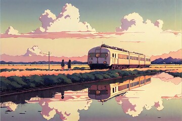 Old Japanese train crossing water tranquil sky peace