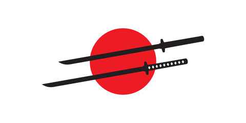 Japanese katana samurai swords with red sun vector illustration