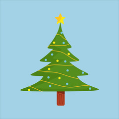 Decorated Christmas tree isolated. Illustration Christmas tree on blue background. Xmas fir with star, balls and baubles. Flat vector illustration eps10