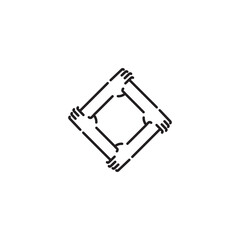 Unity and teamwork logo icon. Togetherness and cooperation concept. Group of four people holding arms vector line art