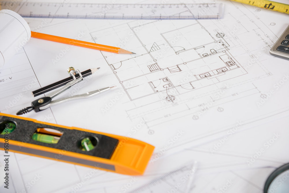 Poster architectural project workplace. top view of house plan blueprint paper with repair tools on table d