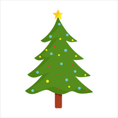 Decorated Christmas tree isolated on white background. Illustration Christmas tree. Xmas fir with star, balls and baubles. Flat vector illustration