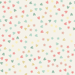 Pastel stars hearts cute seamless pattern. Colorful doodle hearts on a white background. Ready template for design, postcard, print, poster, party, Valentine's Day