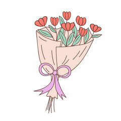 Bouquet of flowers in a festive package. Gift for event. Hand drawn doodle illustration.