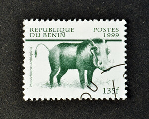 Cancelled postage stamp printed by Benin, that shows Desert Warthog (Phacochoerus aethiopicus),...