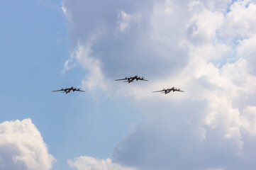 100th anniversary of Russian Air Force.Three Russian turboprop strategic missile-carrying Tu-95MS...