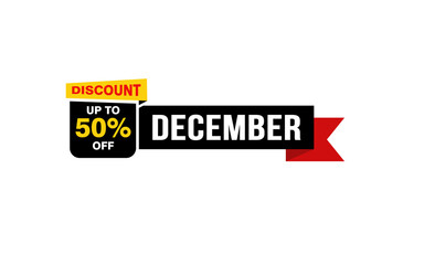 50 Percent december discount offer, clearance, promotion banner layout with sticker style.