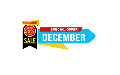 50 Percent december discount offer, clearance, promotion banner layout with sticker style.
