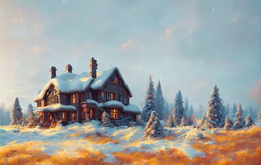 Christmas cottage, trees and mountains in the snow in generative AI