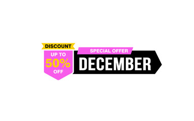50 Percent december discount offer, clearance, promotion banner layout with sticker style.