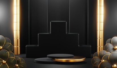 3D rendering of blank product background for cream cosmetics Modern black podium background