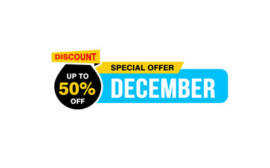 50 Percent december discount offer, clearance, promotion banner layout with sticker style.