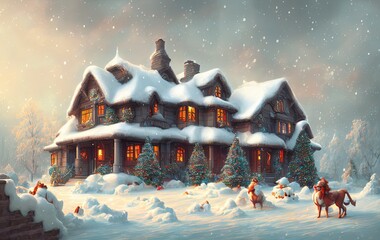 cottage during christmas, trees and mountains in the snow in generative AI