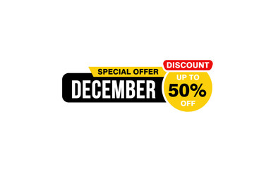 50 Percent december discount offer, clearance, promotion banner layout with sticker style.