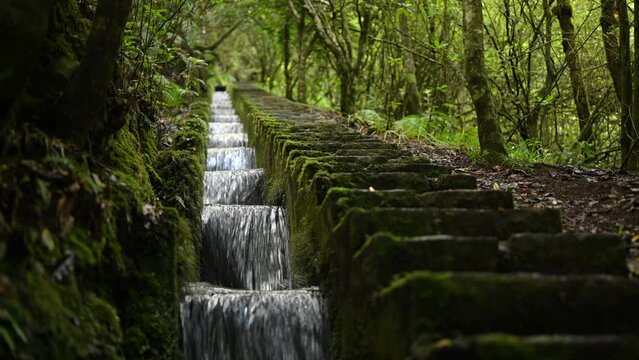 Artificial cascade of the Levada do furado in Ribeiro Frio on Madeira island Portugal