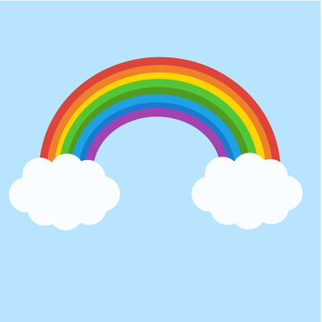 Rainbow and clouds in the blue sky.Weather concept.Sign, symbol, icon or logo isolated.Kids and childish.Banner for card.Cartoon vector illustration.Flat design.Graphic.Clipart.
