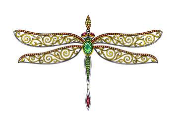 Jewelry design art vintage mix dragonfly pendant. Hand drawing and painting on paper.
