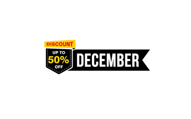 50 Percent december discount offer, clearance, promotion banner layout with sticker style.