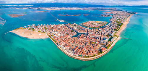 Town of Grado archipelago aerial panoramic view - obrazy, fototapety, plakaty