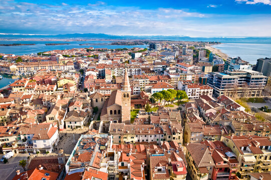 Town of Grado hitoric architecture and waterfront aerial view
