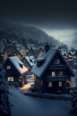 Fototapeta premium Illustration of Swiss Alps village with Christmas lights at winter night with mountains at the background. AI generated
