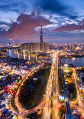 Aerial view Skyscrapers flying by drone of Ho Chi Minh City, Vietnam